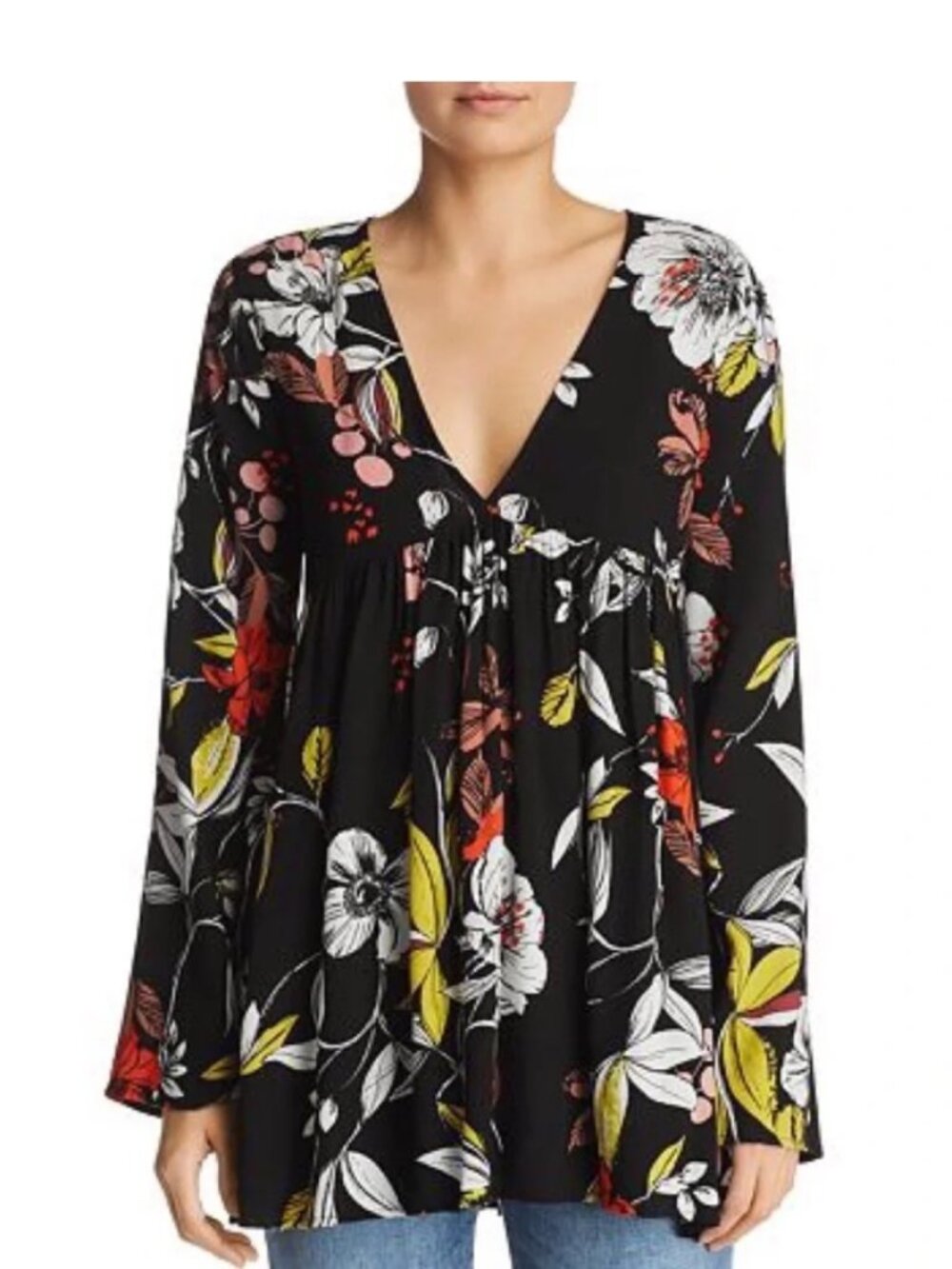 Free People Bella floral Black V-Neck Flowy Tunic Top